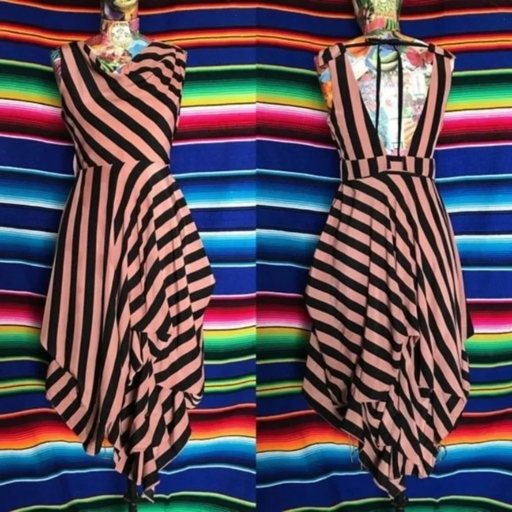 Minuet Silky Striped Open Back Dress Cowl Tie Bubble